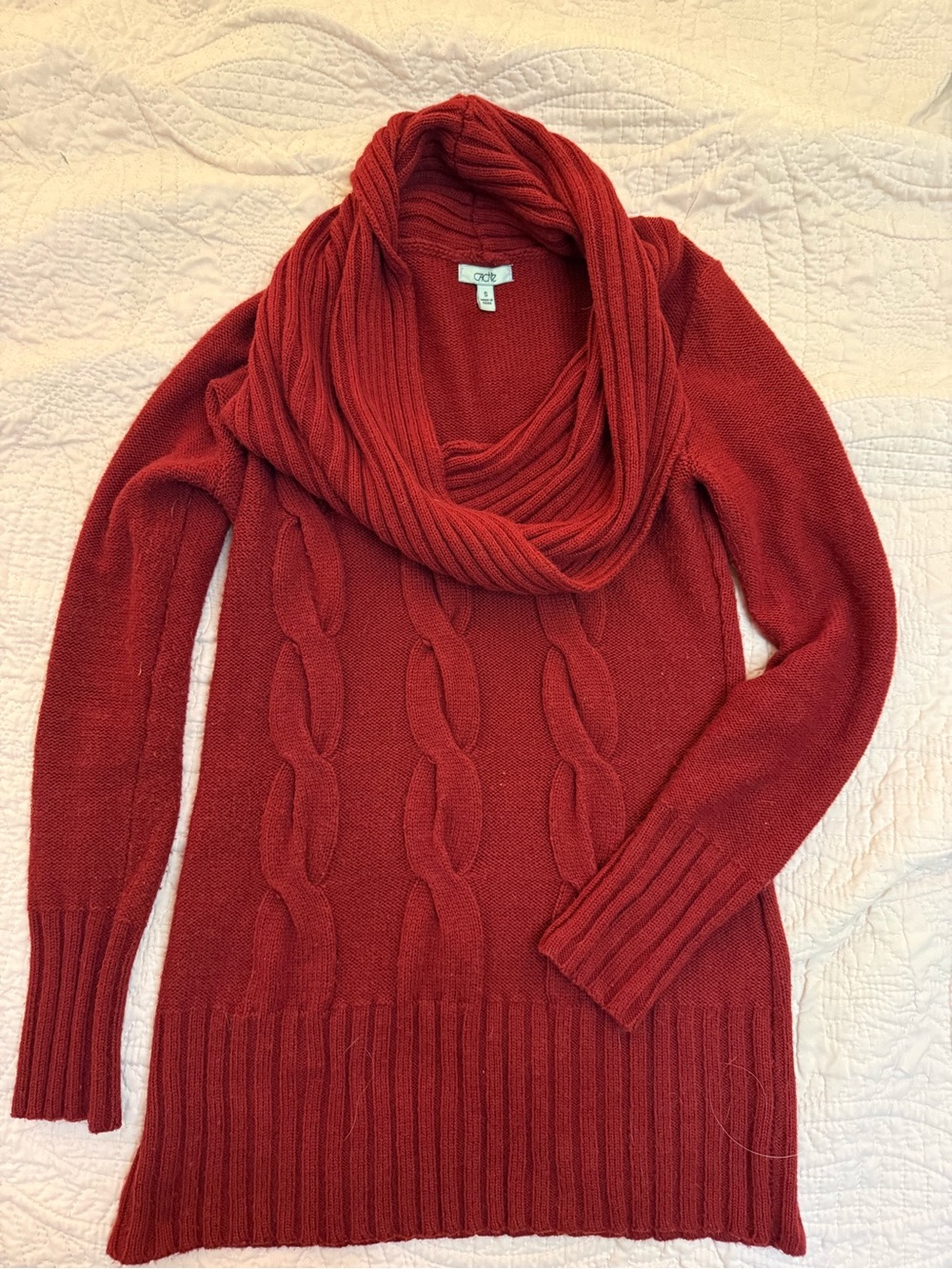 Cache Red Cable-Knit Cowl Neck Sweater